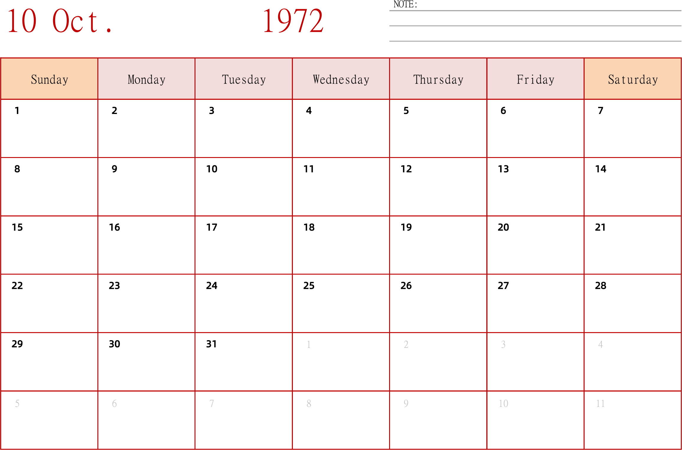 日历表1972年日历 英文版 横向排版 周日开始